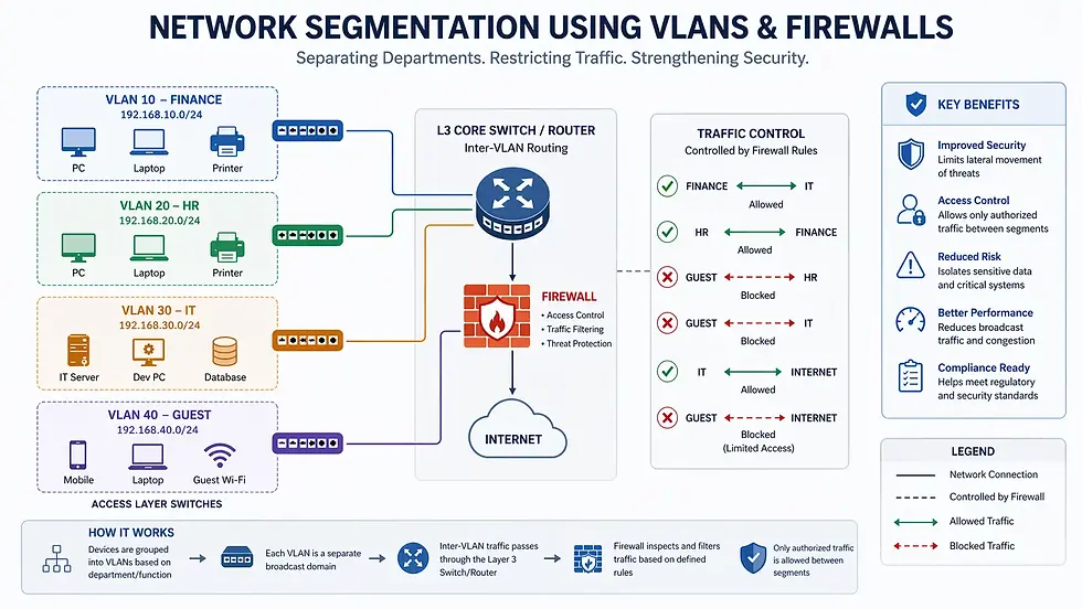 Network diagram showing VLAN segmentation using firewalls, highlighting department connections, traffic rules, and key benefits.
