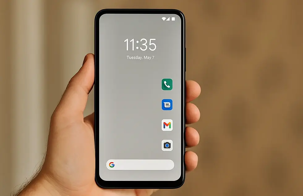Hand holding a smartphone displaying the time 11:35, date Tuesday, May 7. App icons on the right. Background is blurred brown.