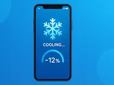 Illustration of A smartphone displaying a cooling animation with a temperature drop meter, representing the effectiveness of an Android cooling app.