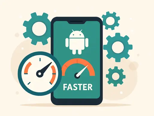 A flat-style digital illustration showing an Android phone with gears and a speedometer, symbolizing performance optimization.