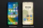 Two smartphones display iOS 18 and Material You themes. The left shows colorful icons, the right has earthy tones. Text: iOS 18 Theme, Material You Theme.