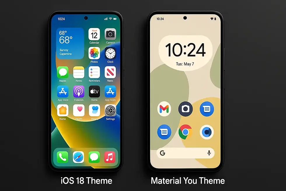 Two smartphones display iOS 18 and Material You themes. The left shows colorful icons, the right has earthy tones. Text: iOS 18 Theme, Material You Theme.