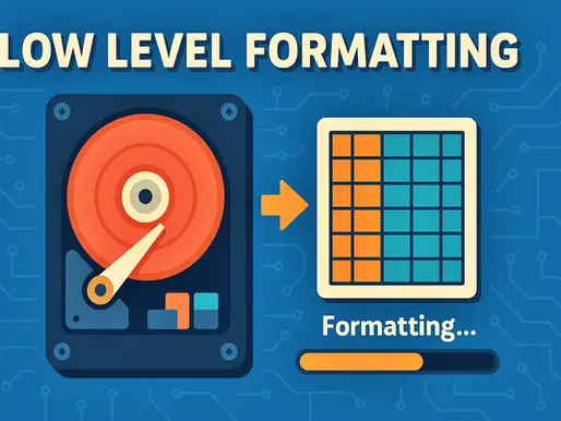 Hard drive illustration with spinning platter and grid, indicating "Low Level Formatting" on a blue tech-themed background.