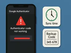 Smartphone screen shows "Authenticator code not working" with alert icon. Adjacent are "Sync time" clock and "Backup Code 345 678" on blue.