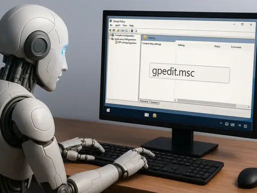 A robot using a computer, typing "gpedit.msc" on the screen. It's seated at a wooden desk; the screen displays a software interface.