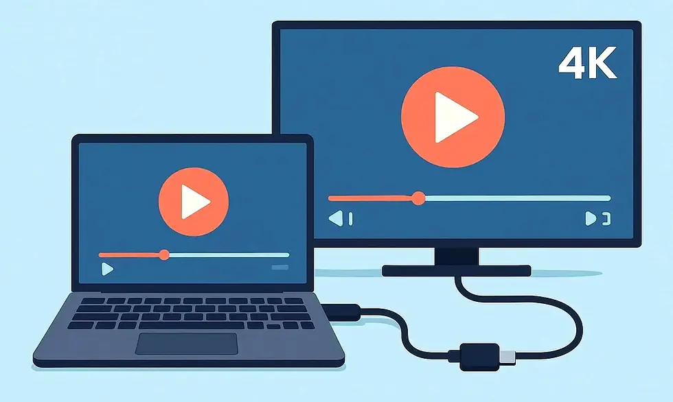 Laptop and monitor display video player with play icons. "4K" text on monitor. Devices connected by a cable on a light blue background.