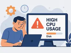A young user looking at a slow Windows PC with a concerned expression, symbolizing common issues with high CPU or disk usage.