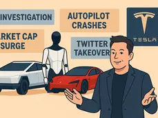 Illustration of Elon Musk presenting futuristic Tesla products alongside headlines of controversies and milestones.