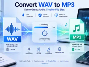 Infographic showing WAV to MP3 conversion on a desk, with laptop, headphones, phone, and labels for faster, smaller files.
