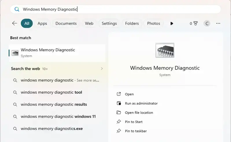 Windows 11 search results for Windows Memory Diagnostic, showing app details and options like Open and Run as administrator