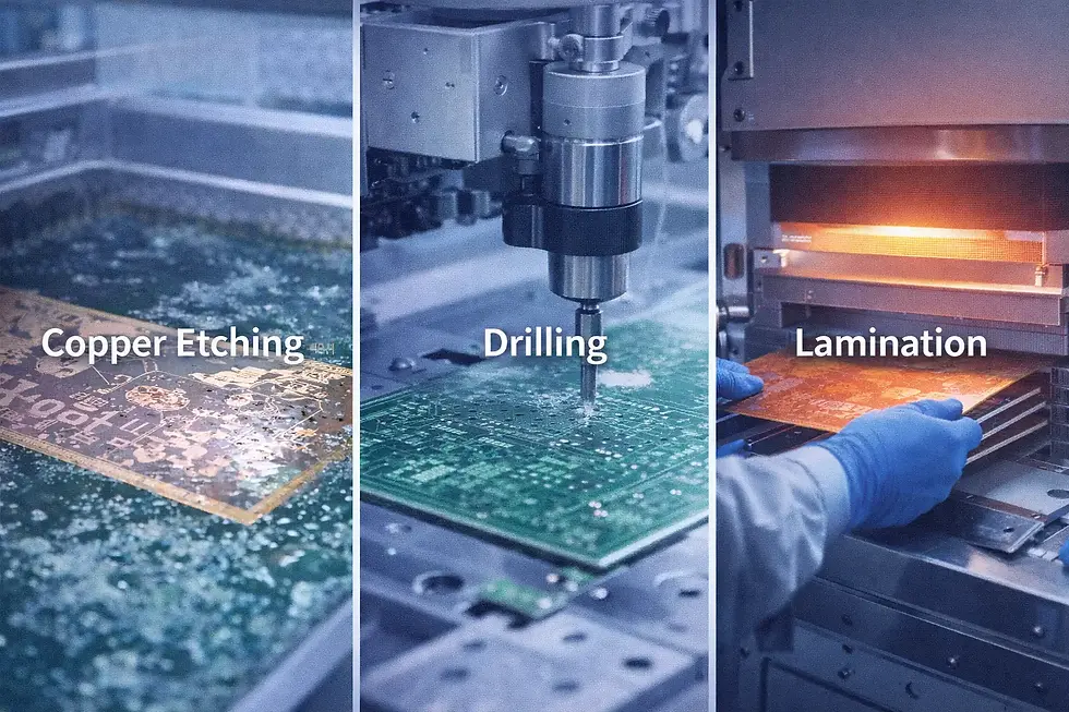 Three-panel image of circuit board production: copper etching, drilling, and lamination with machinery. Text labels each process.