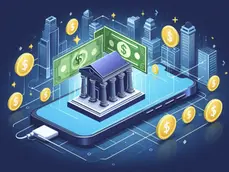 A digital illustration of a bank building connected to a smartphone, symbolizing instant money transfers via RTGS in real-time.