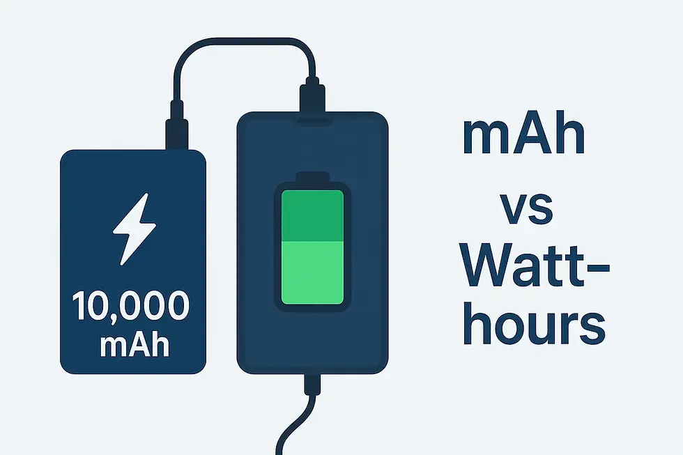 Phone charging from a 10,000 mAh power bank. Text "mAh vs Watt-hours" is displayed. Green battery icon indicates charging status.