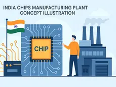 Illustration of a man pointing at a large microchip beside a factory. Indian flag and circuit patterns in the background. Text says "India Chips Manufacturing Plant Concept Illustration."