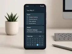 Smartphone with a dark interface displaying tasks, notes, and a calendar on May 12. Background has a keyboard, pen, and plant. Calm setting.
