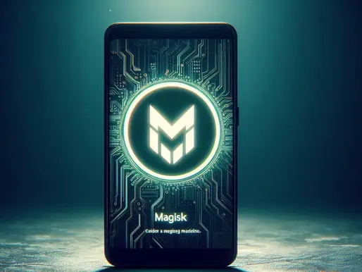 Smartphone displaying a glowing "M" logo on a circuit board background. Text "Magisk" and "Enter a magical world" below. Dark, moody setting.