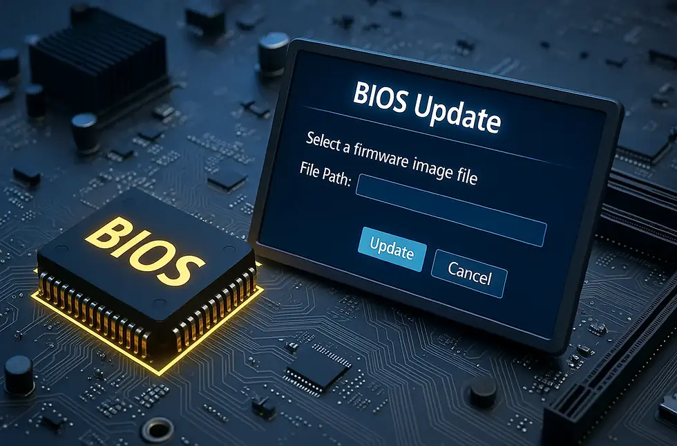 BIOS update screen on a monitor next to a glowing BIOS chip on a circuit board. Blue interface with options: Update and Cancel.