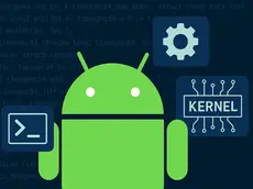 Green Android logo with terminal, gear, and "KERNEL" icons on dark coding background. Represents Android development and software.