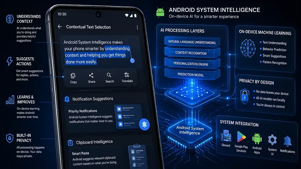 Android System Intelligence infographic beside a phone showing highlighted text selection, suggestions, privacy, and AI layers.