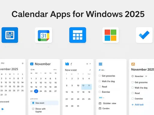 Icons for various calendar apps on Windows above screenshots of calendar interfaces for November 2025. Apps feature event lists and tasks.