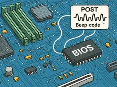 Blue circuit board with green and black components labeled BIOS. A speech bubble reads "POST Beep code" with a waveform diagram.
