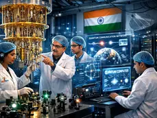 Scientists in lab coats and hairnets work with a quantum computer. Indian flag displayed. Digital screens show "Quantum Communication."