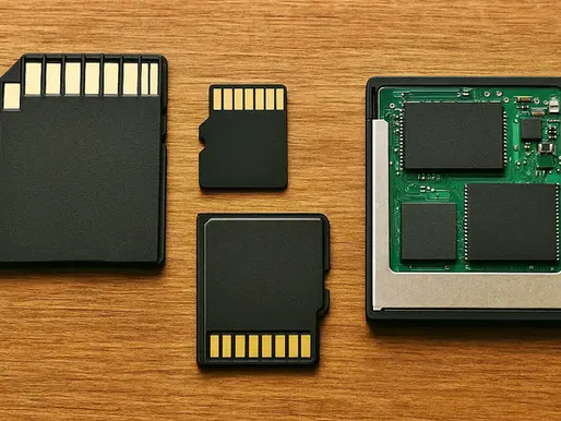 Four memory cards on a wooden surface, three with gold contacts, and one showing its green circuitry. Brown wood texture background.