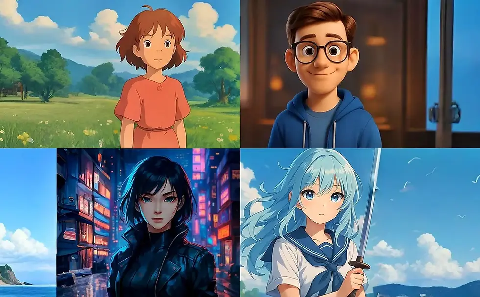 Four animated characters: a girl in a field, a boy indoors, a woman in a neon city, and a girl with a sword by the sea, all in distinctive styles.