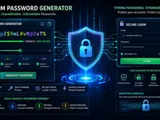 Dark cybersecurity infographic with password generator, secure login form, glowing shield lock, and strong password text.