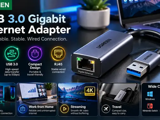 UGREEN USB 3.0 Gigabit Ethernet adapter ad showing USB-to-RJ45 dongle on desk, laptop, and icons for gaming, streaming, travel.