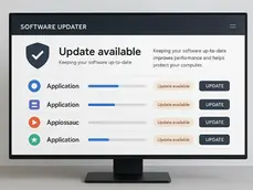 Monitor displaying software updater with four applications needing updates. Text "Update available" and "UPDATE" buttons, gray background.