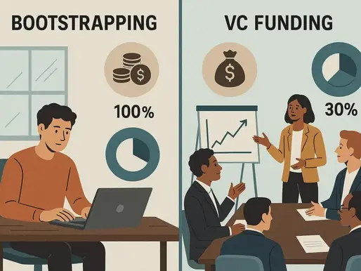 Split image comparing bootstrapping (man working on laptop, 100% control) and VC funding (group meeting with chart, 30% control).