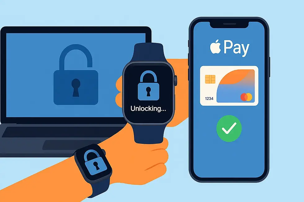 Smartwatch unlocks laptop, showing a lock icon. Phone displays "Apple Pay" with card and checkmark. Blue background, digital security theme.