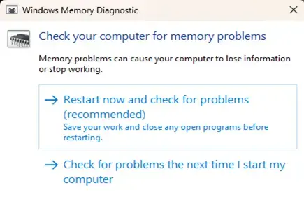Windows Memory Diagnostic window with options to restart now or check memory next startup, on a white Windows dialog.