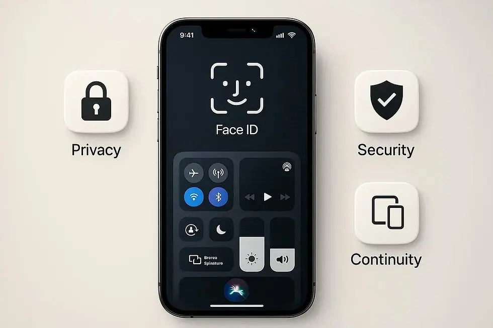 Smartphone display shows "Face ID" with a control center. Icons labeled Privacy, Security, and Continuity surround the phone on a light background.