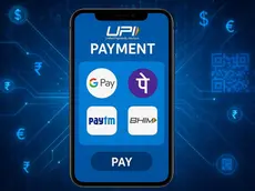 Smartphone screen displaying UPI payment apps: GPay, PhonePe, Paytm, BHIM. Blue tech-themed background with currency symbols.
