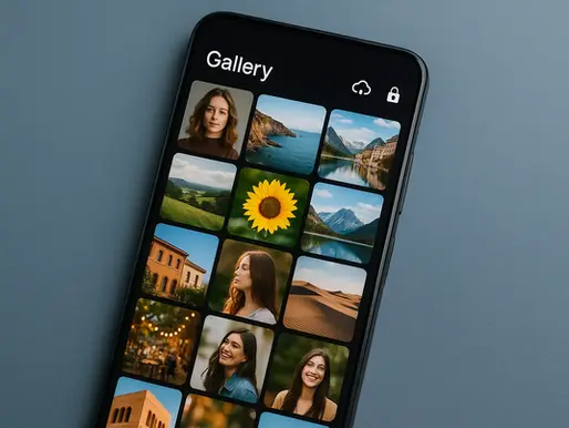 Smartphone displaying a photo gallery with diverse images: people, nature, sunflower. Black interface with cloud and lock icons. Calm setting.