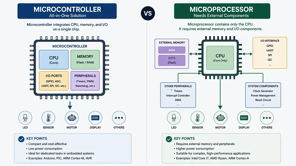 Diagram comparing microcontrollers and microprocessors: all-in-one vs. needs external components. Key points and examples included.