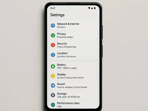 Smartphone screen displaying settings menu with icons for Network, Privacy, Security, and more. White background, time shown as 10:47.