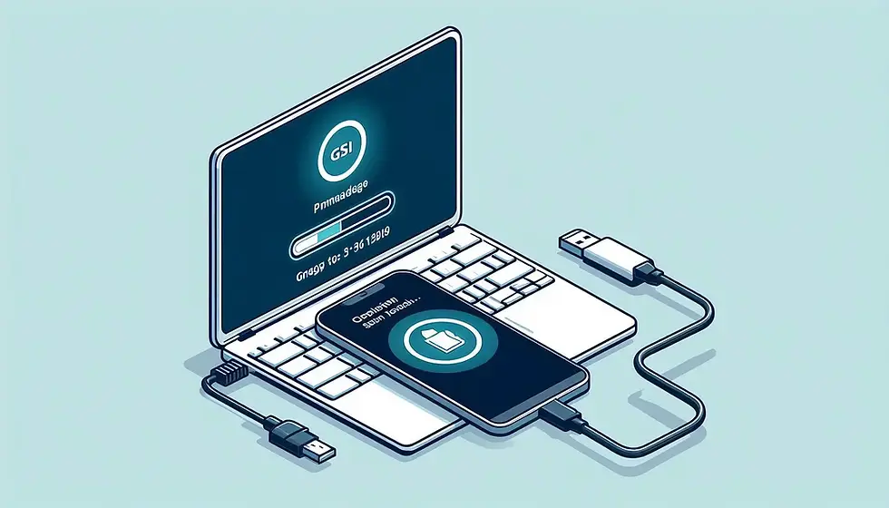 Blog Image - A smartphone connected to a laptop via USB, displaying a progress bar as a GSI ROM is being installed.