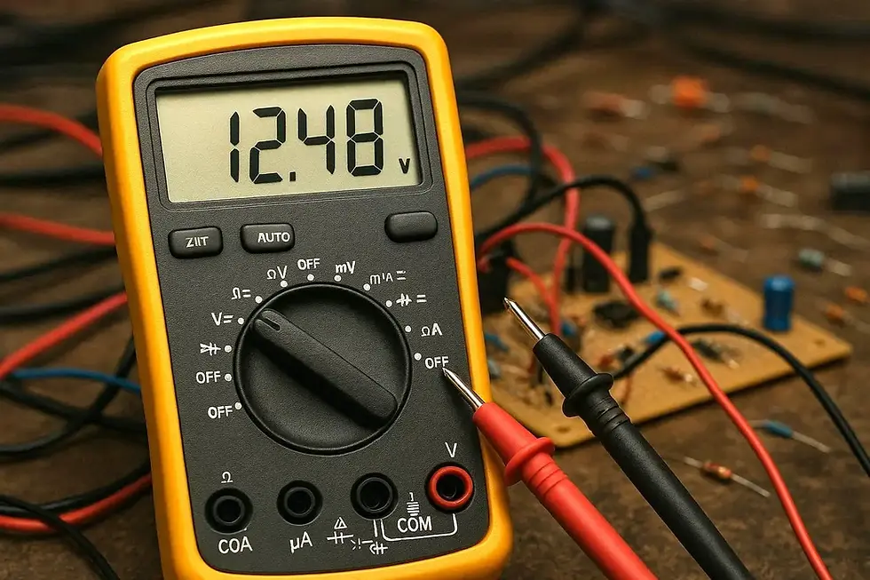 Yellow digital multimeter displays 12.48V. Red and black probes are placed on a circuit board. Background shows wires and components.