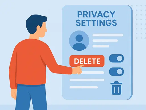 A flat-style illustration of a user interacting with a privacy settings panel, actively deleting data from a virtual profile, symbolizing taking control of personal information and digital privacy from Google.
