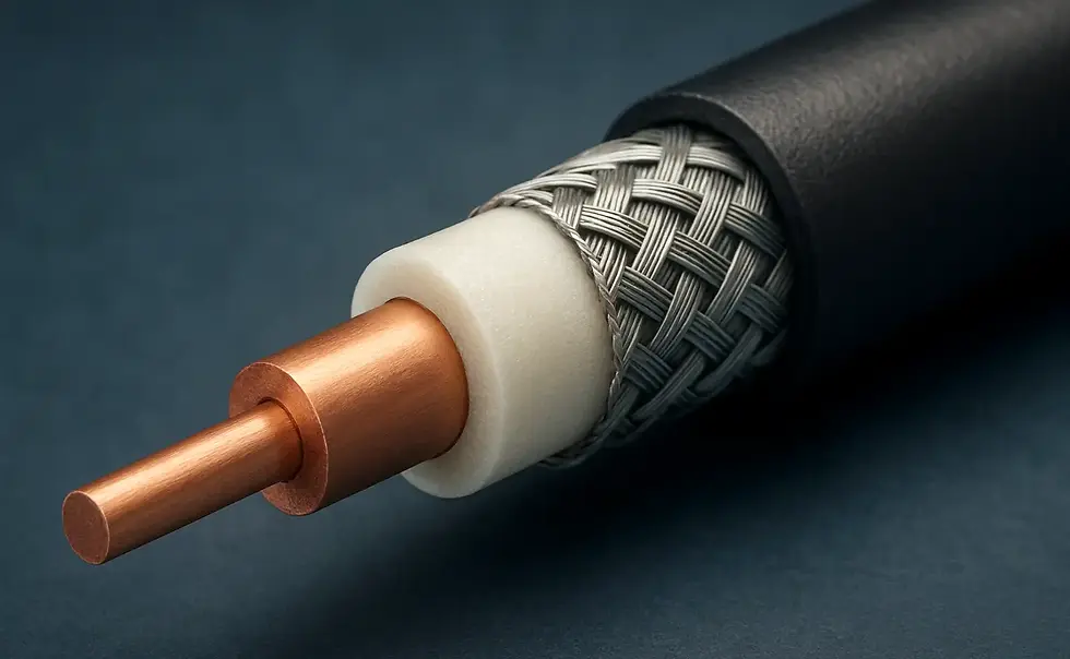 Close-up of a coaxial cable showing copper core, foam insulation, and woven metallic braid against a dark blue background.