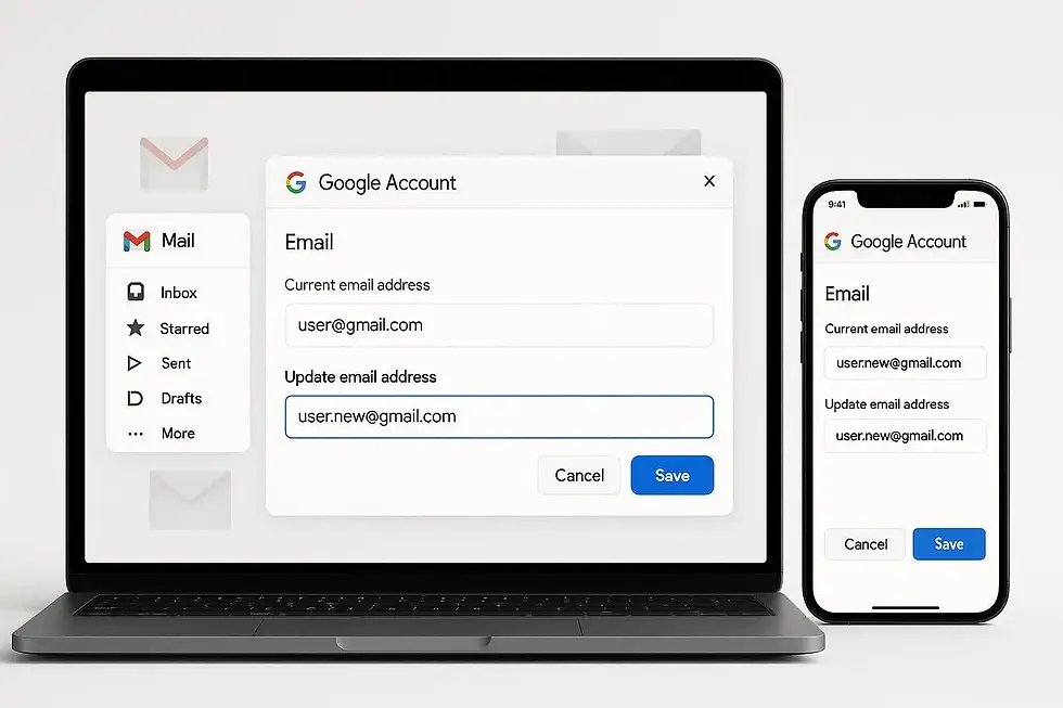 Laptop and smartphone display a Google Account email update screen. Visible text: user@gmail.com, user.new@gmail.com, Cancel, Save.