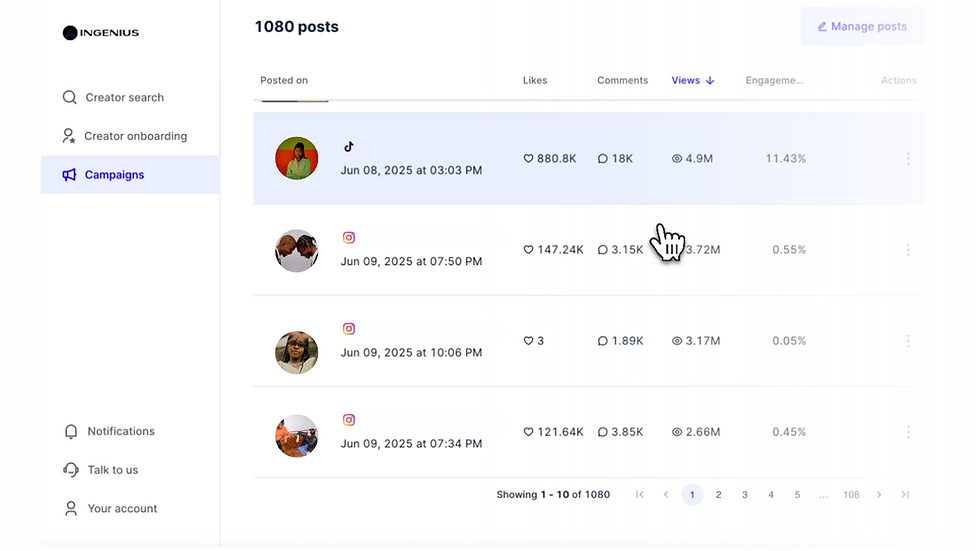 Dashboard displaying social media posts with metrics; includes dates, likes, comments, and views. Cursor hovers over a TikTok entry.