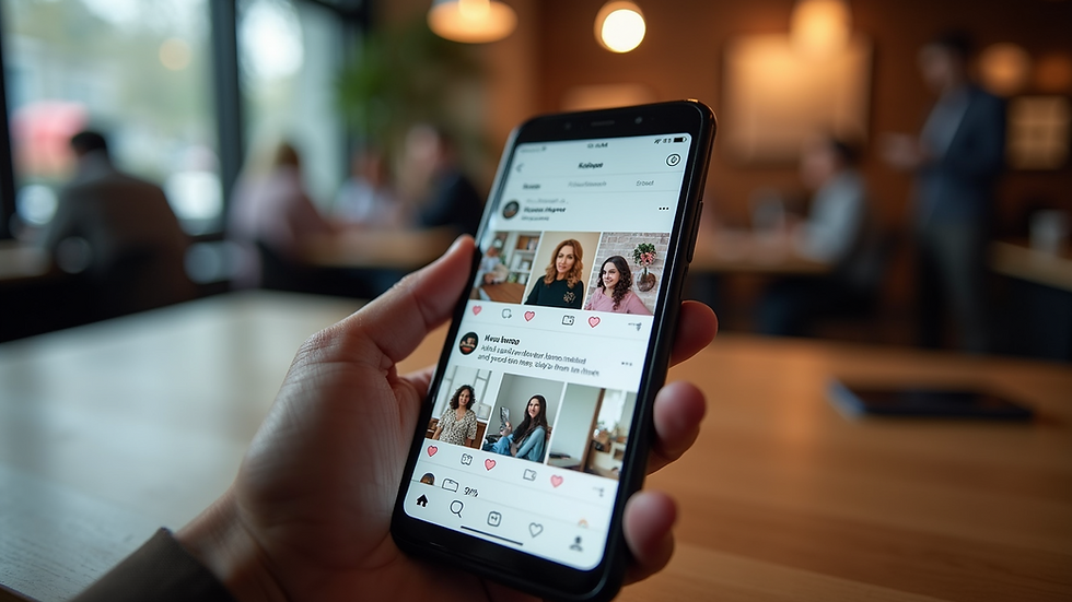 Eye-level view of a smartphone displaying a social media feed with brand posts