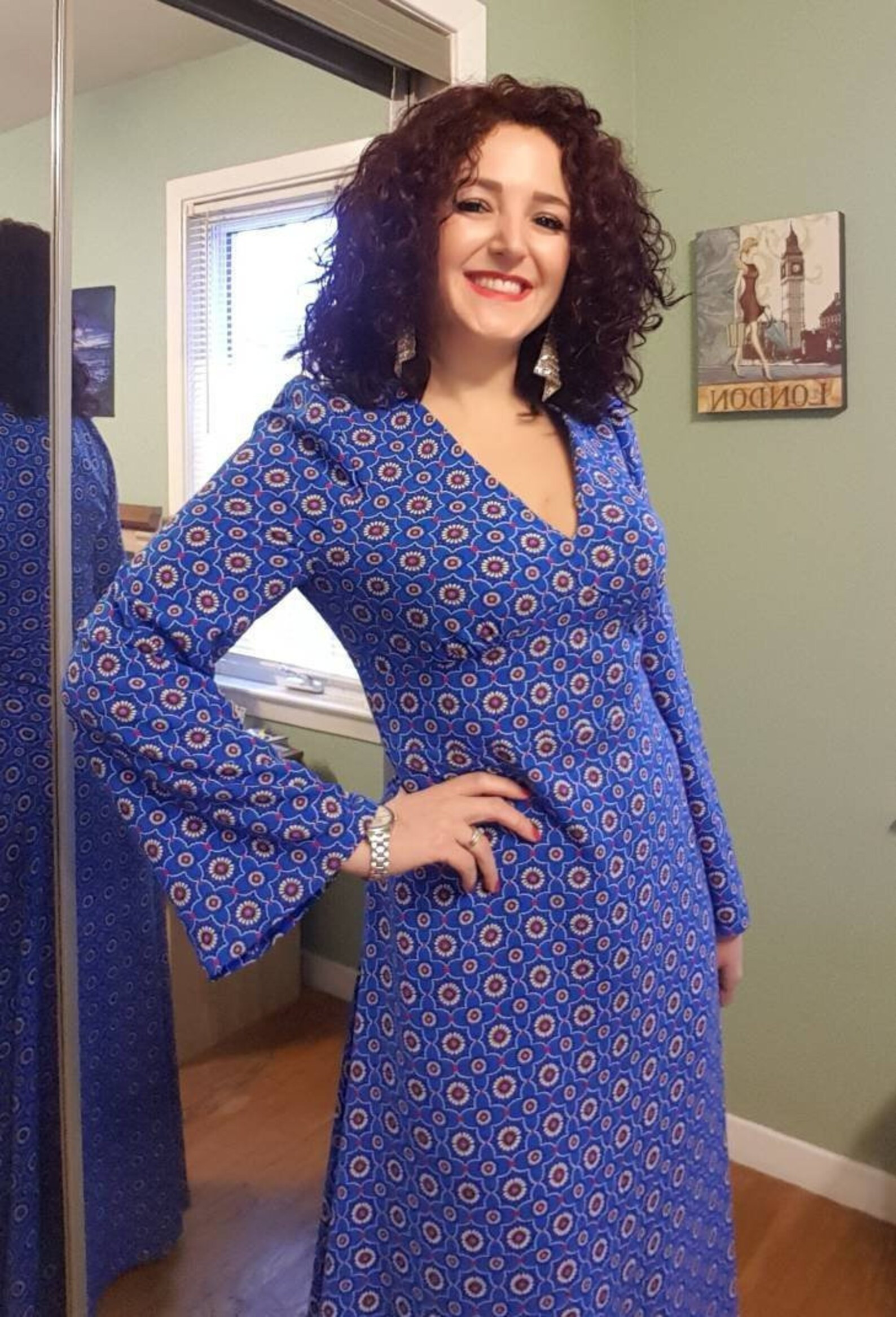 Blue Retro Printed Maxi Dress with Long Bell Sleeves