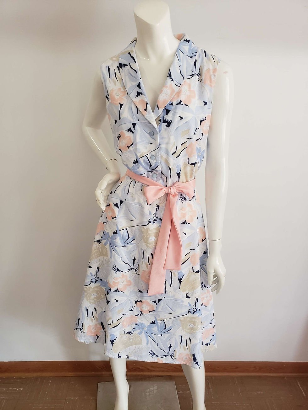 Thumbnail: Light Blue Floral Dress with Shawl Collar and Pink Belt