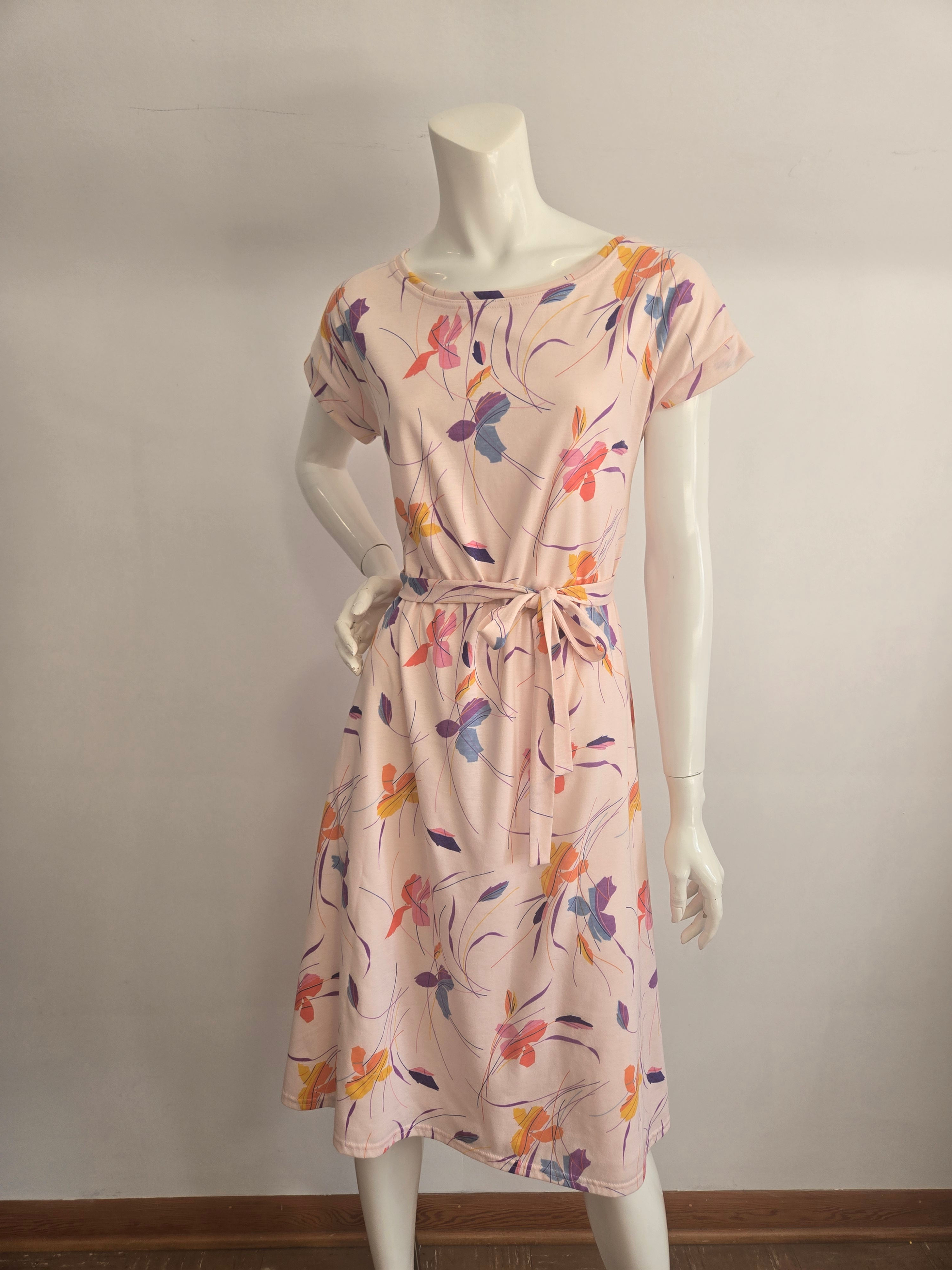 Pink Floral Knit Dress with Matching Belt