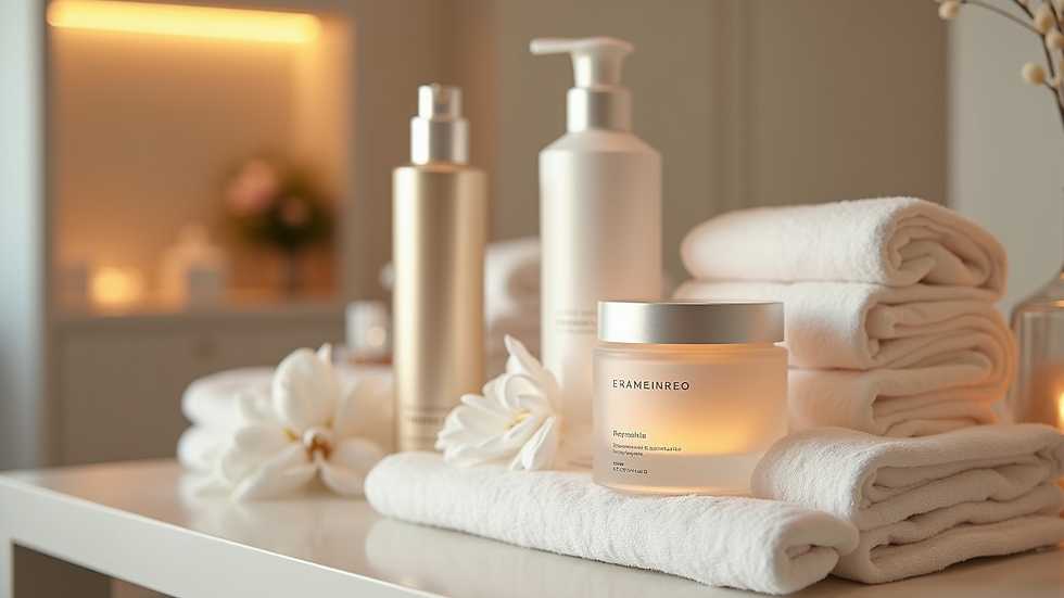 Eye-level view of a sleek skincare product display in a spa